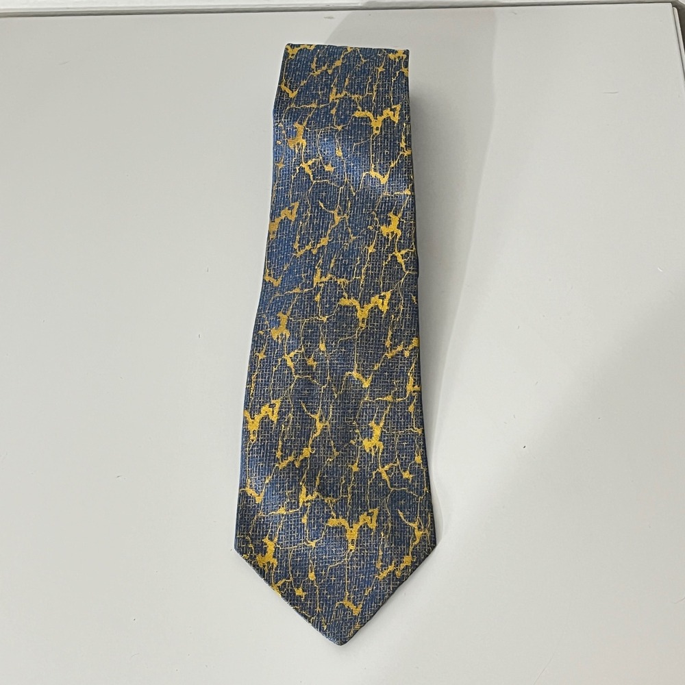 Hoyt Wright Co Tie Mens OS Blue Gold Vintage Silk Marble Crackle Pattern